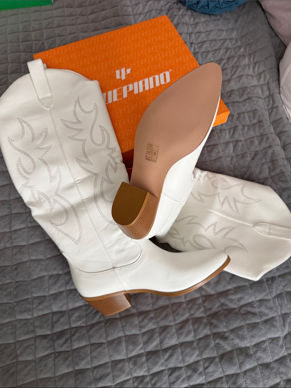 Guess White Knee-High Western Heeled Boots with Tan Block Heel